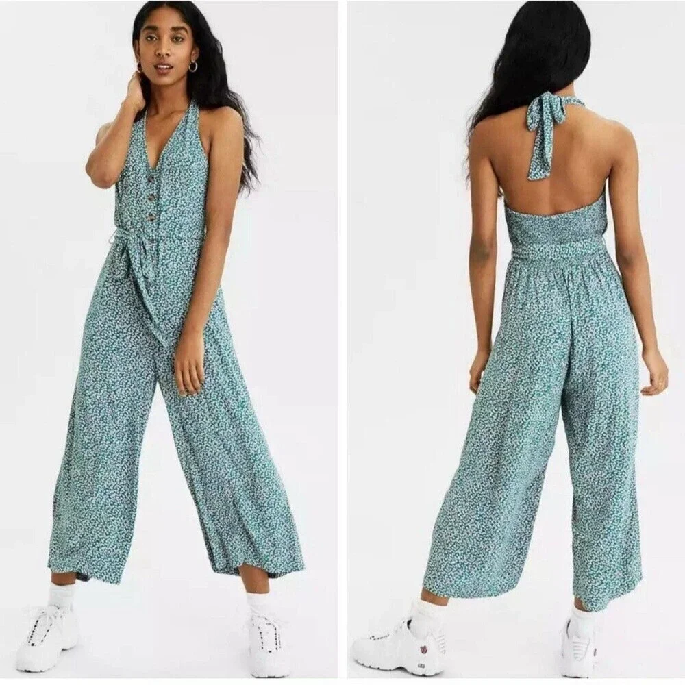 American Eagle Green White Ditsy Floral Print Halter Jumpsuit Size Small